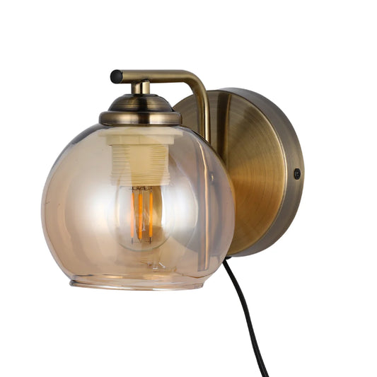L-Shape Antique Brass Dome Glass Plug-In Wall Light