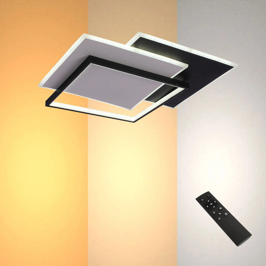 Layered Square LED Ceiling Light, CCT Tunable with Remote, Black & White, 72W, Flush Mount