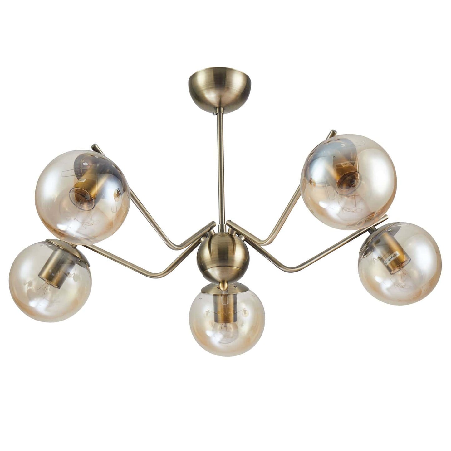 Amber Globe Glass Antique Brass Metal Spider Semi Flush Ceiling Light