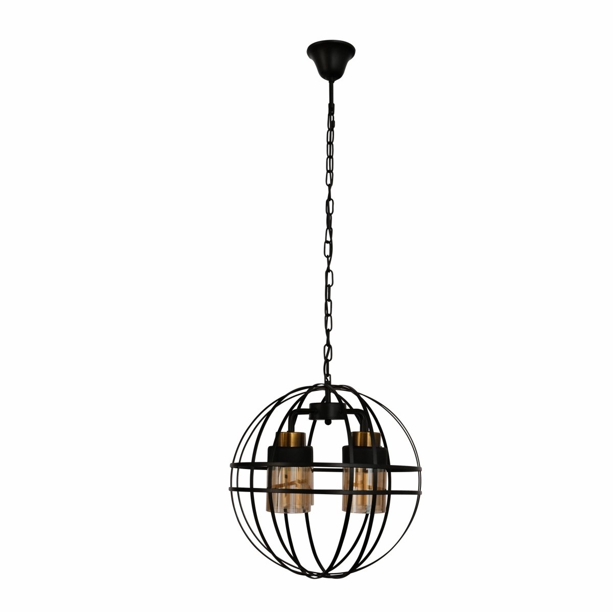 Amber Cylinder Glass Black Cage Metal Ceiling Chandelier Light 4xE27