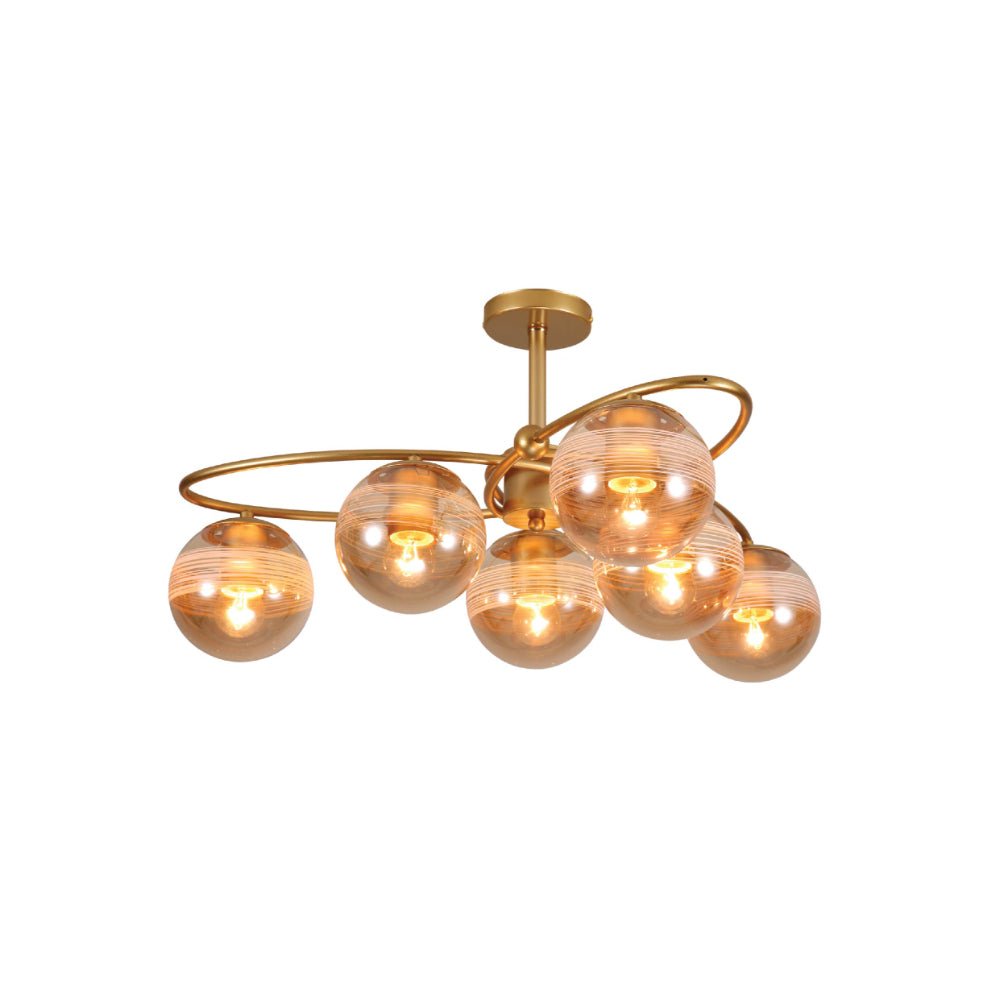 Amber Globe Glass Gold Ellipse Metal Body Semi Flush Modern Ceiling Light with E27 Fittings