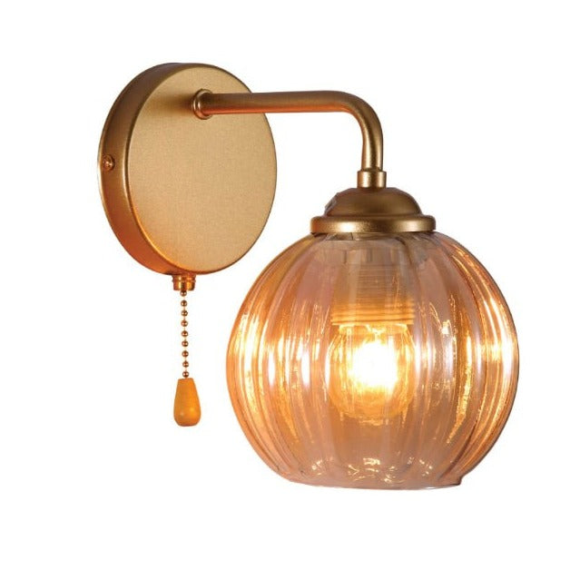 Main image of Amber Reeded Globe Glass Gold Metal Industrial Vintage Retro Wall Light with Pull Down Switch E27 Fitting | TEKLED 151-19778
