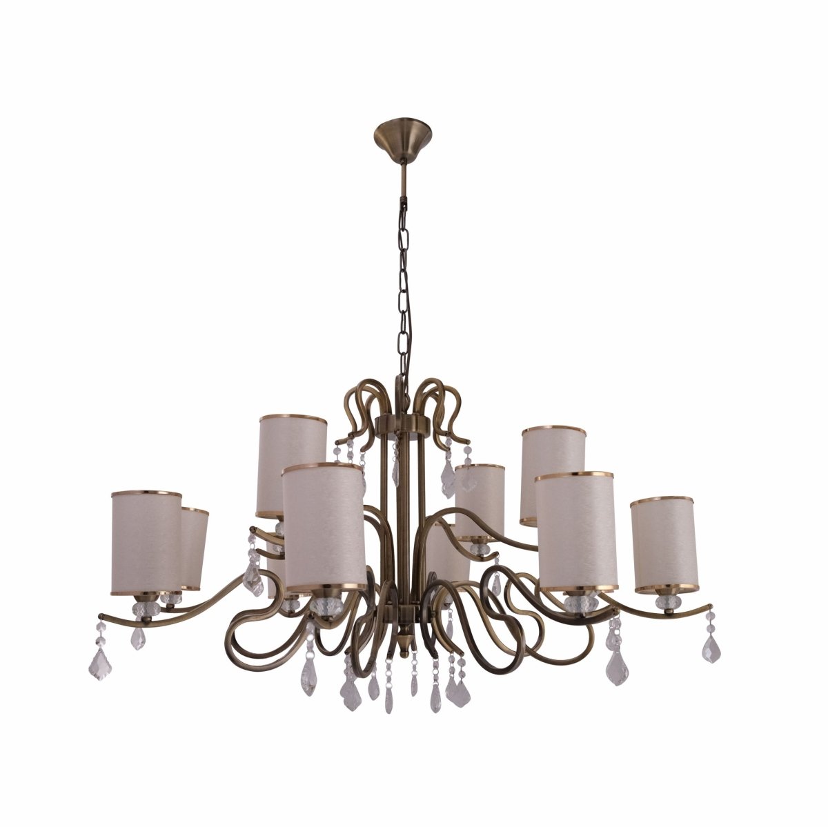 Main image of Cream Shade Antique Brass Metal 12 Arm Chandelier with Pendeloque Crystals 12xE14 | TEKLED 158-17830
