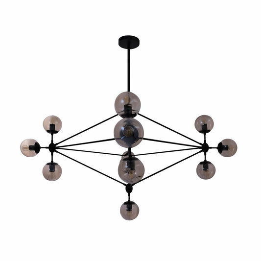 Molecule Shape Black Rod Metal Amber Glass Globe Chandelier Ceiling Light