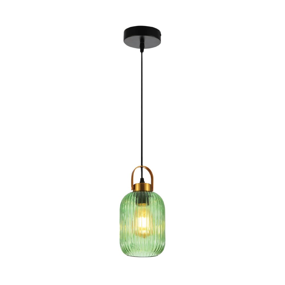 Main image of Sawyer Ribbed Fluted Reeded Maloto Lantern Green Glass Pendant Ceiling Light E27 Gold Handled  | TEKLED 150-18704