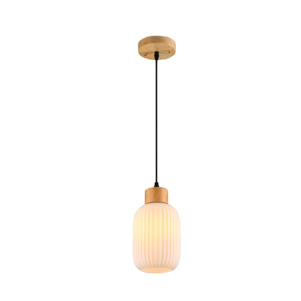 Main image of Sawyer Ribbed Fluted Reeded Maloto Lantern Opal Glass Pendant Ceiling Light E27 Wood Top | TEKLED 150-18708
