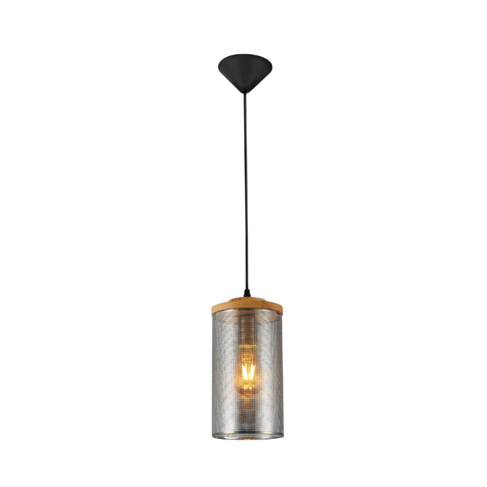 Main image of Sieve Chrome Cylinder Metal with Wood Lid Pendant Ceiling Light D145 E27 Fitting | TEKLED 158-19788
