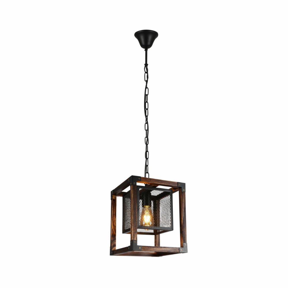 Wood Cube Black Cage Lantern Rustic Pendant Ceiling Light E27 TEKLED