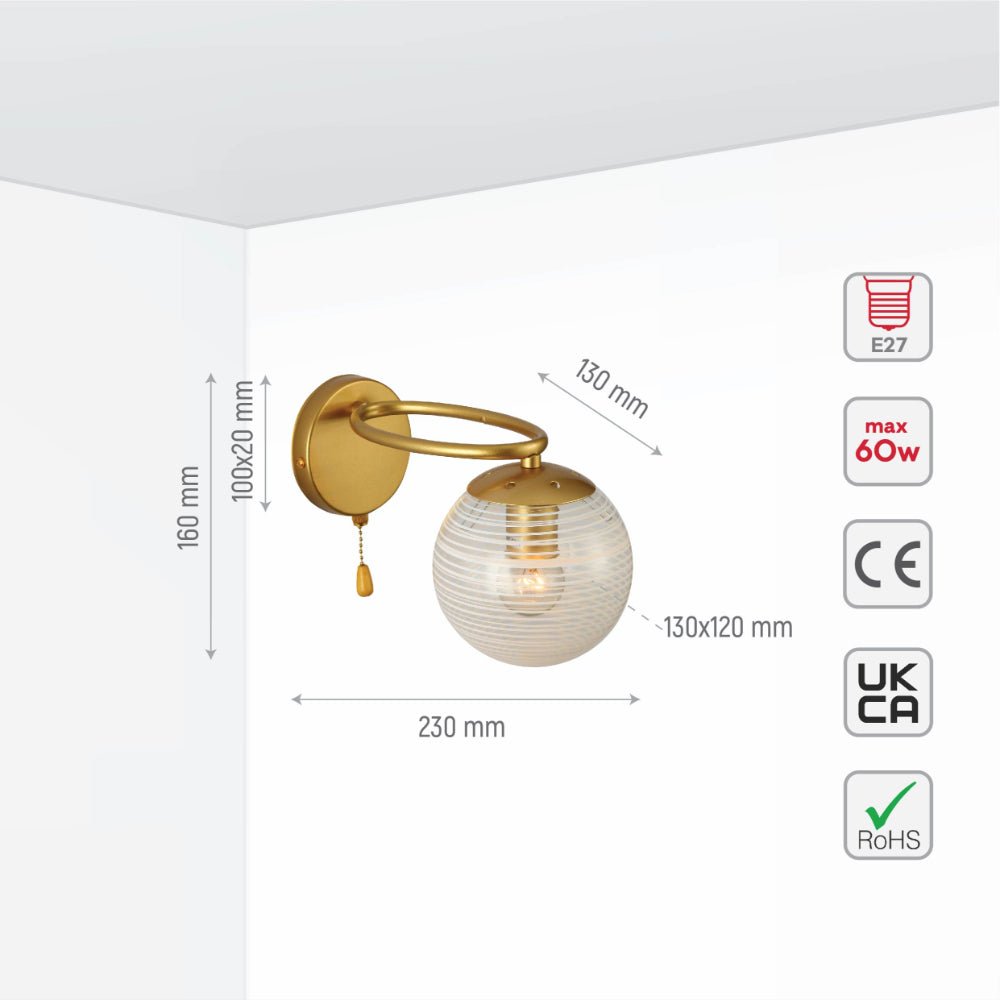 Size and specs of Amber Globe Glass Gold Metal Ellipse Vintage Retro Wall Light with Pull Down Switch E27 Fitting | TEKLED 151-19788