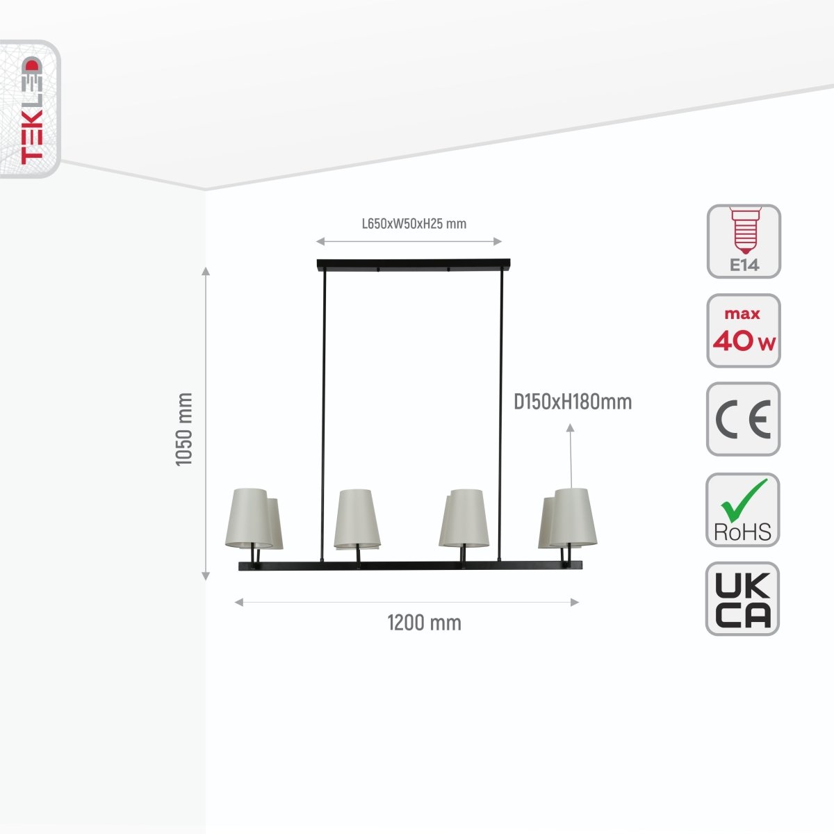 Size and specs of Beige Fabric Shade Black Metal Body Island Chandelier with 8xE14 Fitting | TEKLED 159-17558