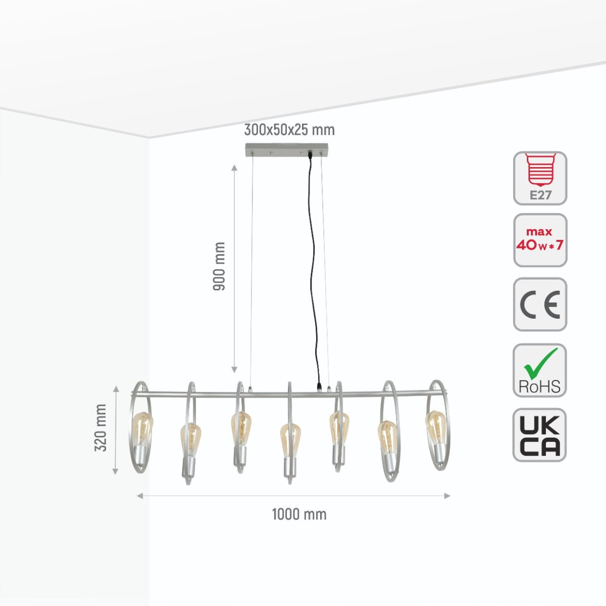 Size and specs of Circle Caged Silver Grey Kitchen Island Chandelier Ceiling Light with 7xE27 Fittings | TEKLED 159-17502
