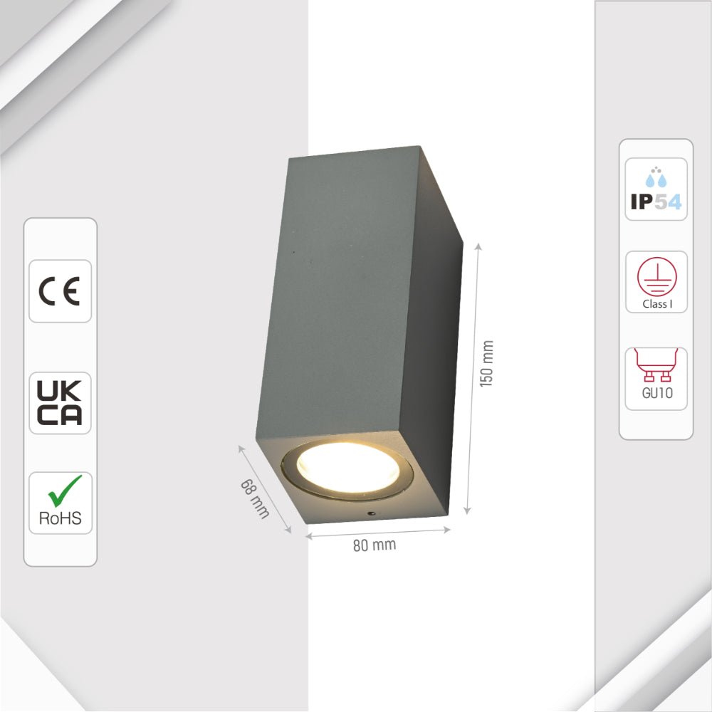 Size and specs of Cubioid Wall Lamp IP44 Grey with 2xGU10 Fitting | TEKLED 182-03350