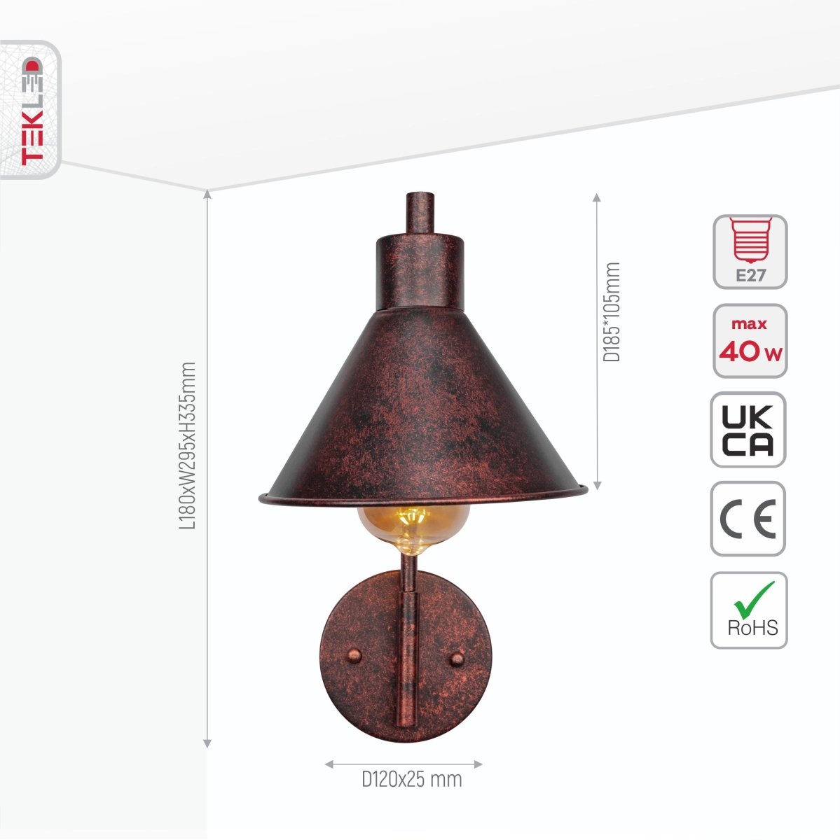 Size and specs of Red Bronze Metal Funnel Wall Light with E27 Fitting | TEKLED 151-19638