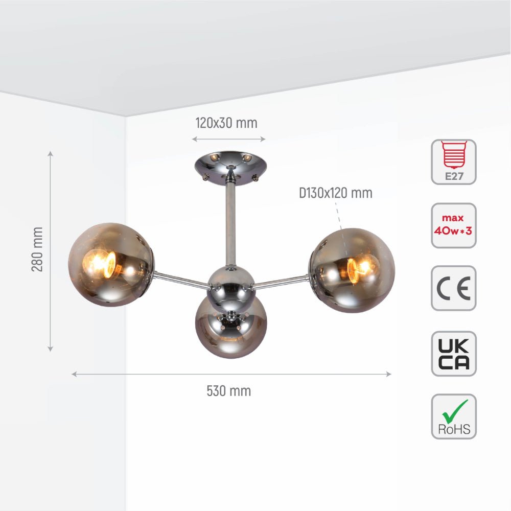 Size and specs of Smoky Globe Glass Chrome Metal Body Sputnik Molecule Modern Ceiling Light with E27 Fittings | TEKLED 159-17684