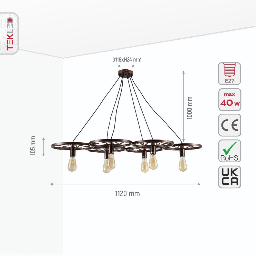Size and specs of Vintage Industrial Wagon Wheel Pendant Light with 6xE27 Fitting | TEKLED 158-17896