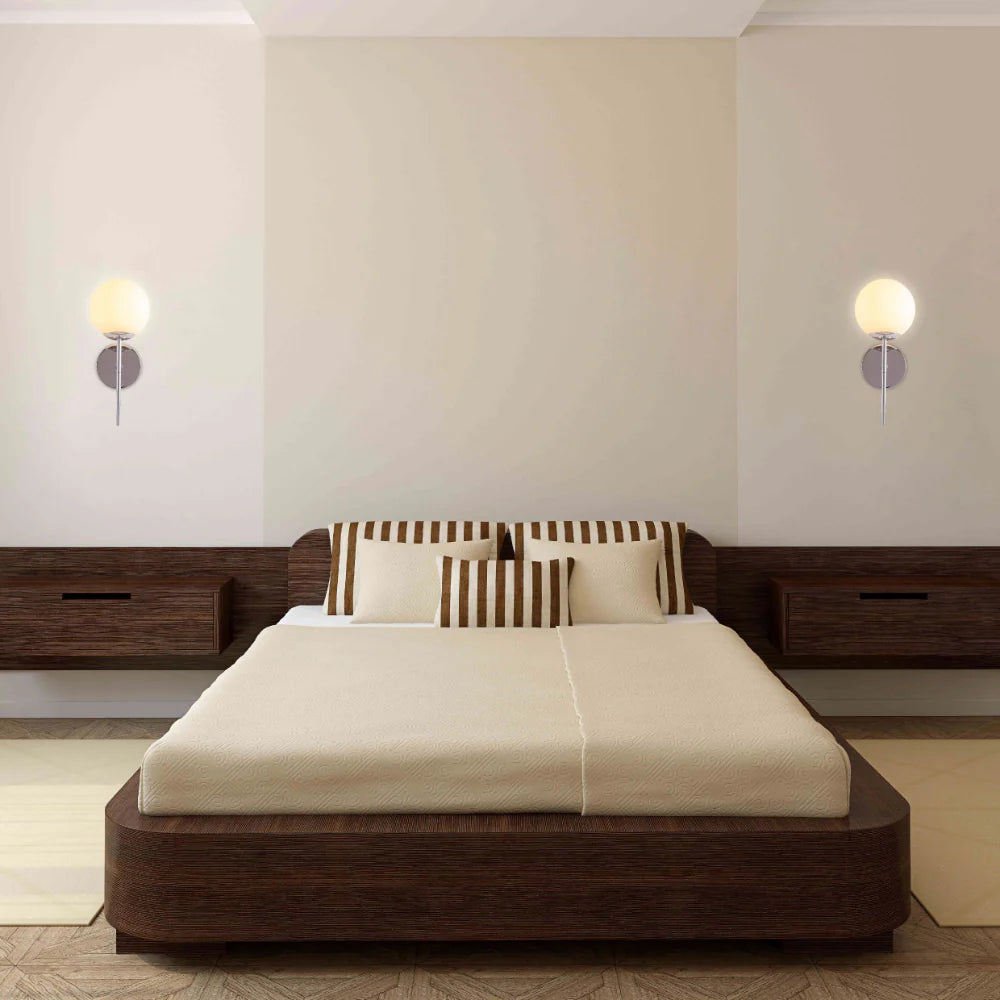 Mid-century Nordic Globe Sconce Modern Wall Light chrome used in nice hotel room as bedside lamp