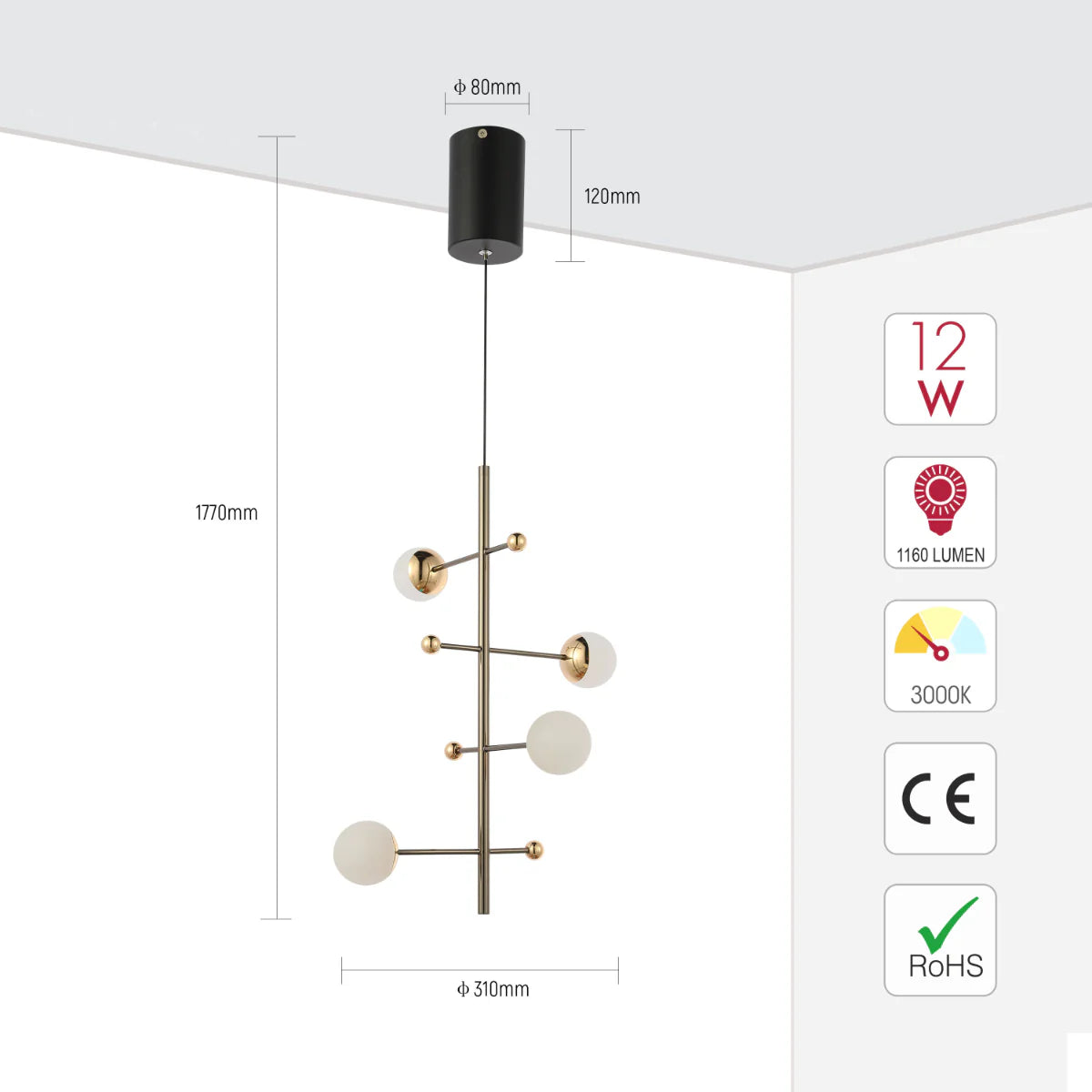 Size and certifications of Modern Spacious Chandelier Ceiling Light Gold 159-18155