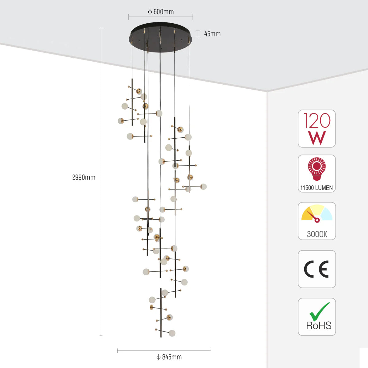 Size and certifications of Modern Spacious Chandelier Ceiling Light Gold 159-18156