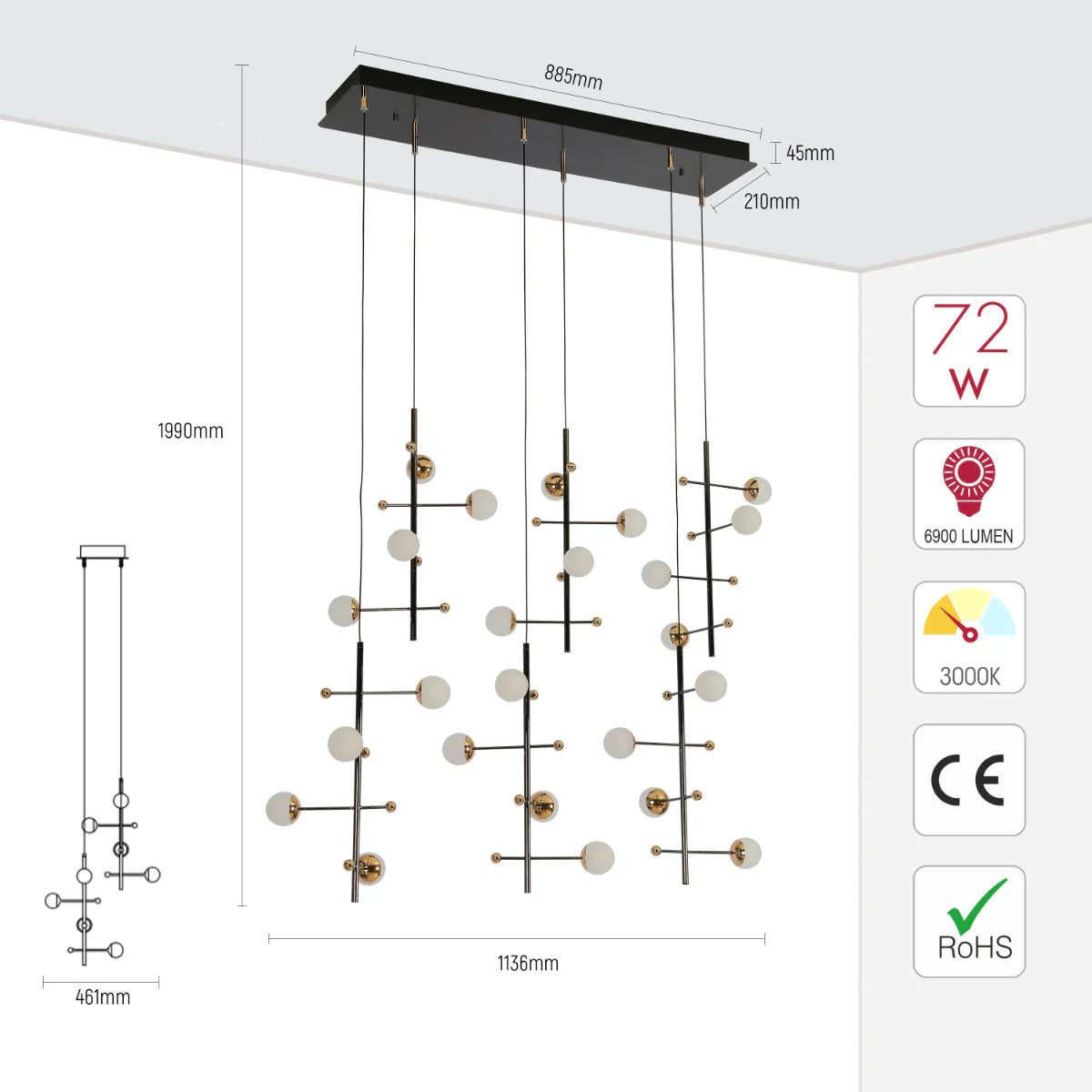 Size and certifications of Modern Spacious Chandelier Ceiling Light Gold 159-18157