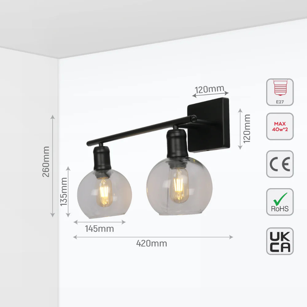 Size and tech specs of Modern-Vintage Wall Light with Clear Globes | TEKLED 151-19550