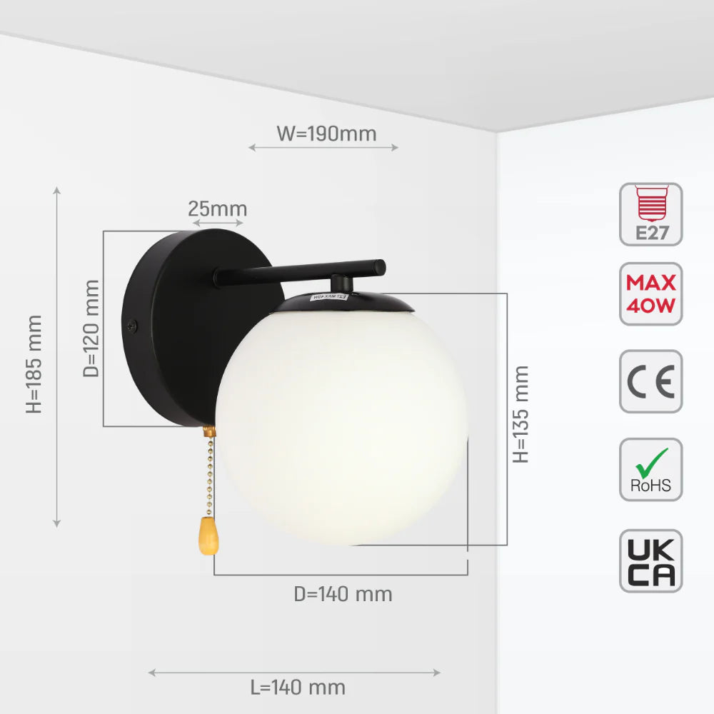 Opal Globe Glass Vintage Retro Stylish Wall Light with Pull Down Switch