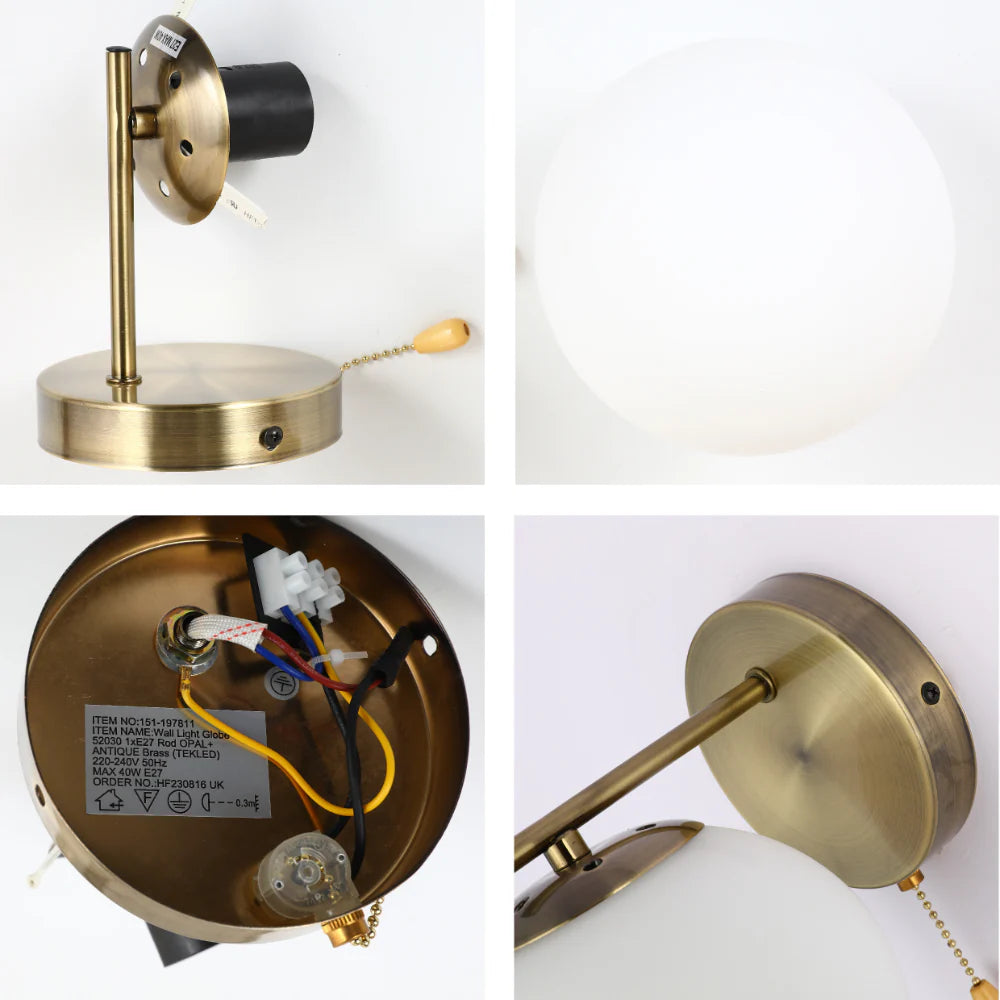 Opal Globe Glass Vintage Retro Stylish Wall Light with Pull Down Switch