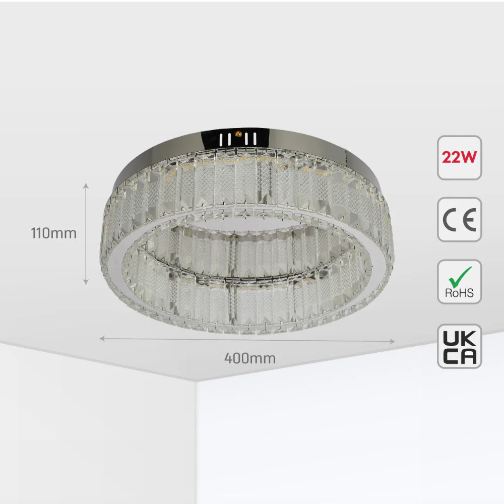 Ring Crystal Chrome Flush Ceiling Chandelier Light with Remote Control 3 Colour