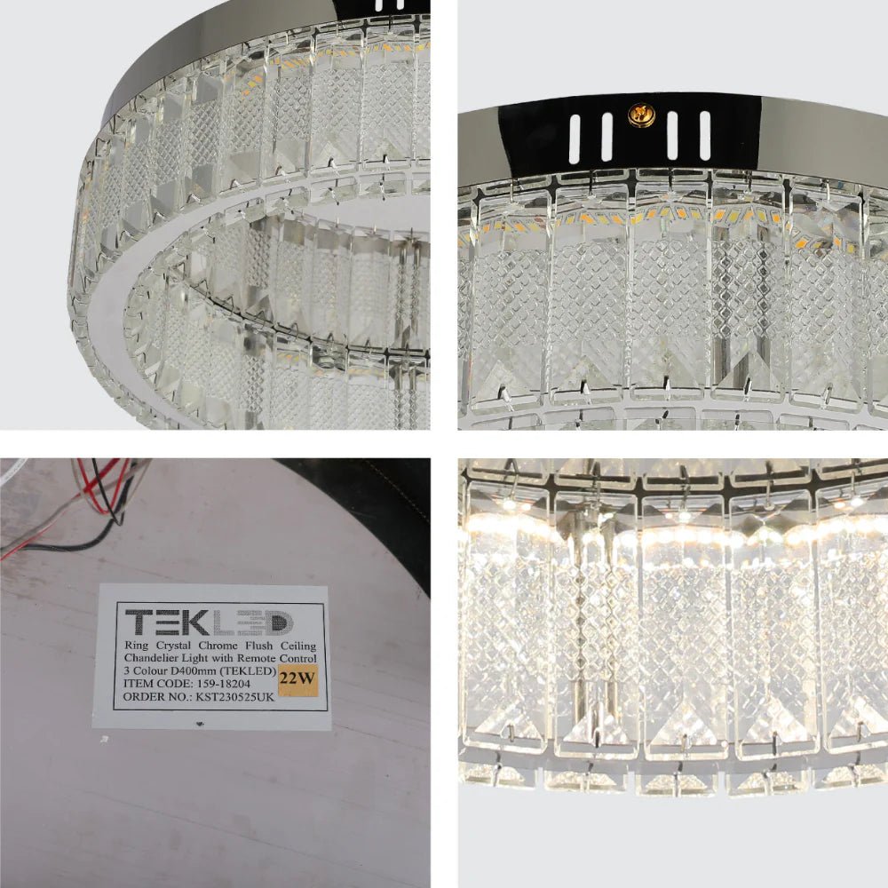 Ring Crystal Chrome Flush Ceiling Chandelier Light with Remote Control 3 Colour