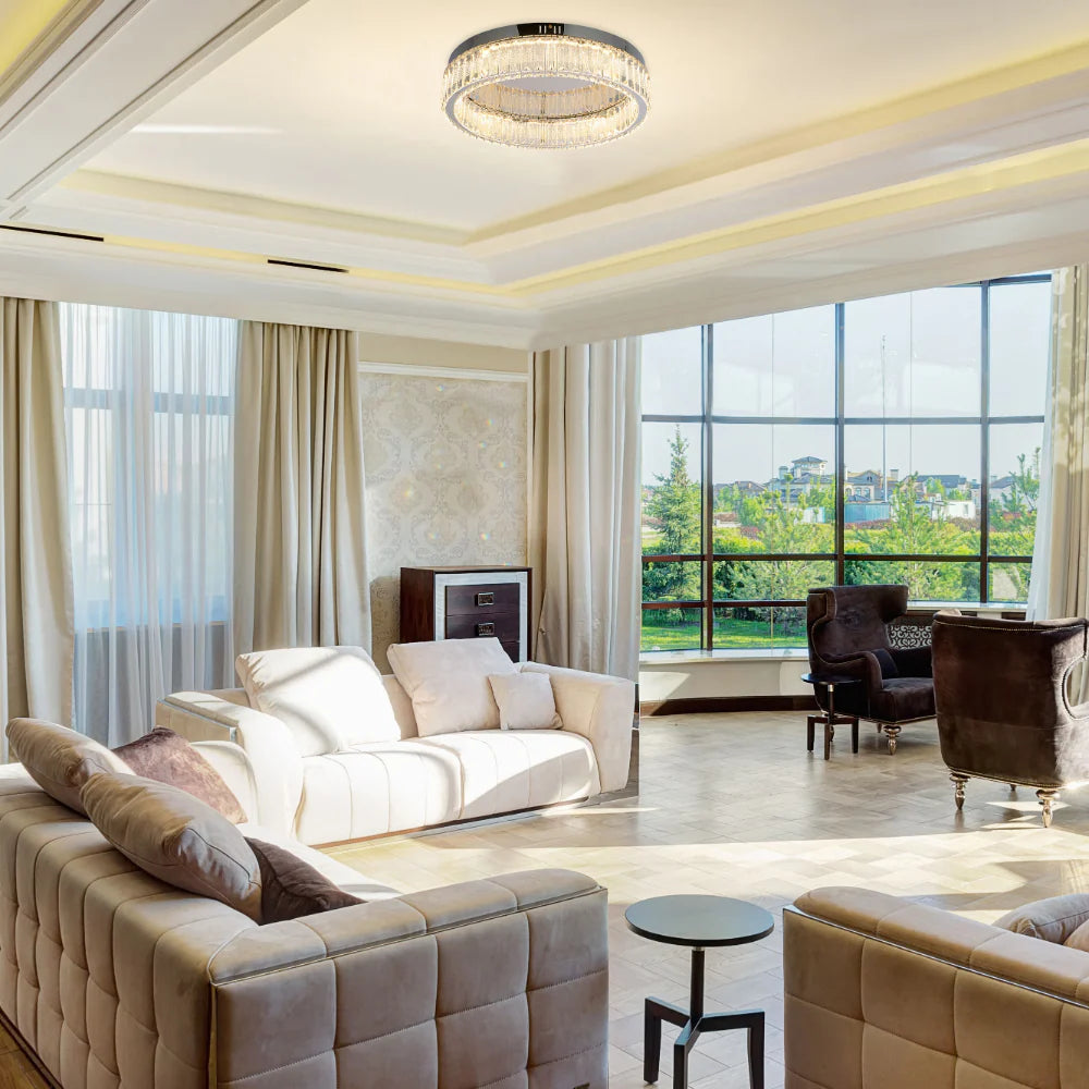 Ring Crystal Chrome Flush Ceiling Chandelier Light with Remote Control 3 Colour