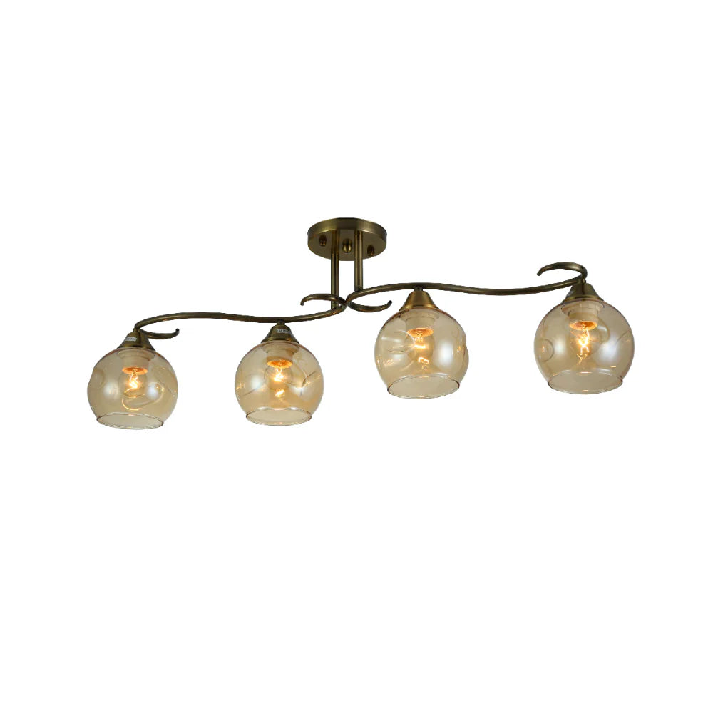 S-Curve Antique Brass and Dimpled Amber Globe Light