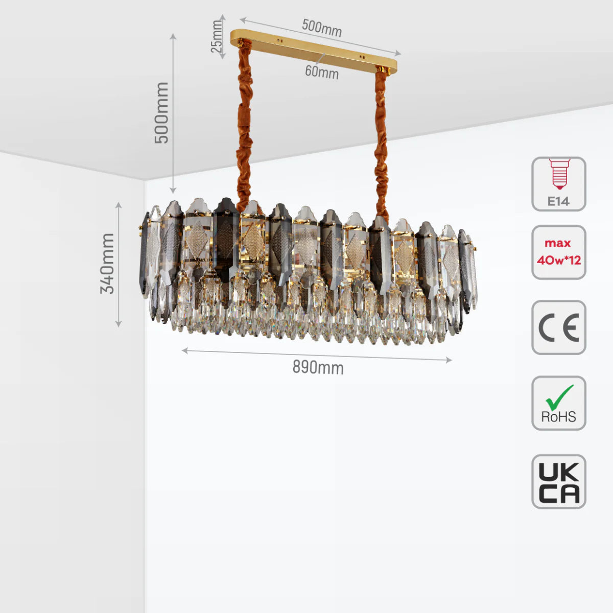 Size and certifications of Deluxe Smoky Clear Crystal Modern Chandelier Light Gold | TEKLED 159-18005