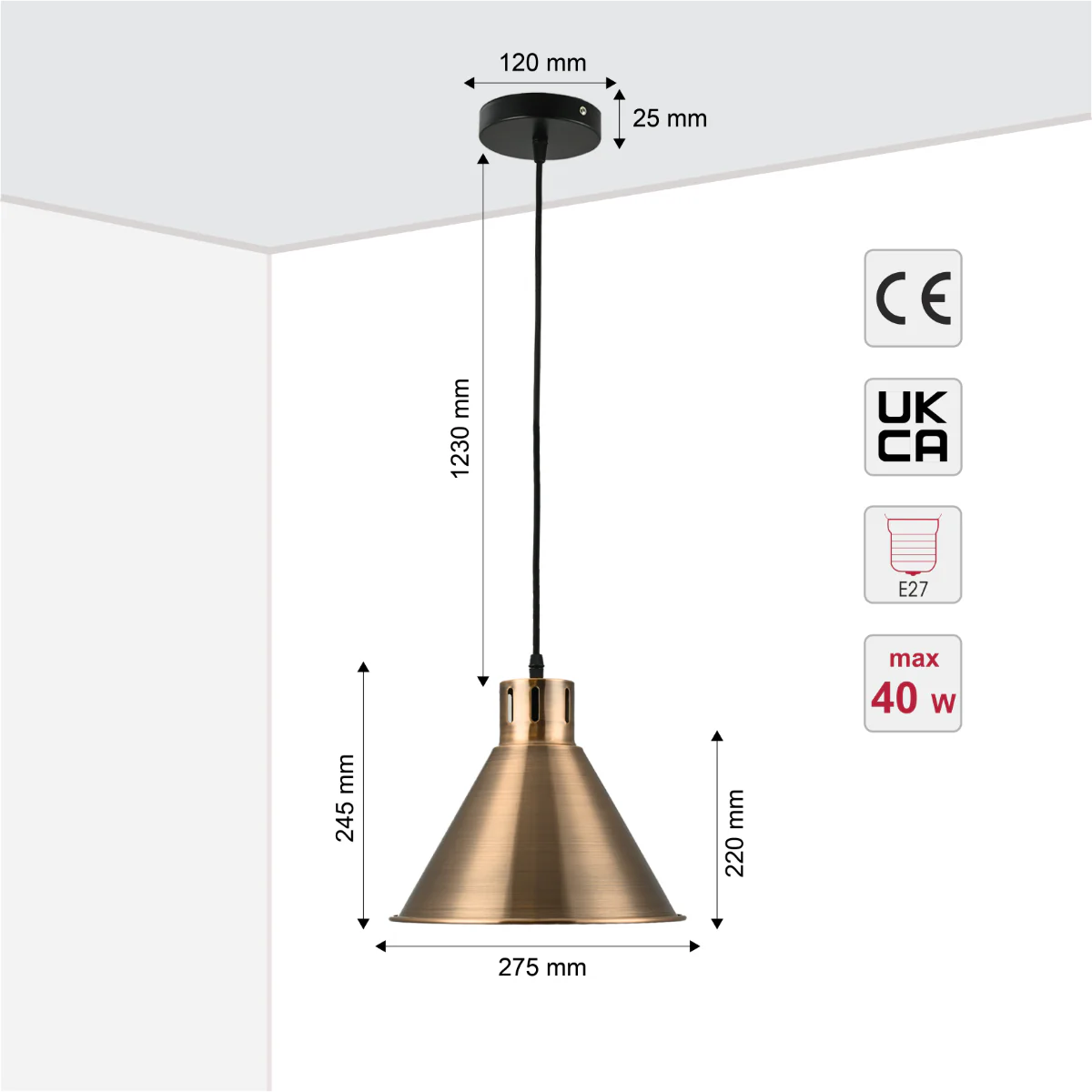 Size and certifications of Sleek Industrial Cone Pendant Light 150-18433