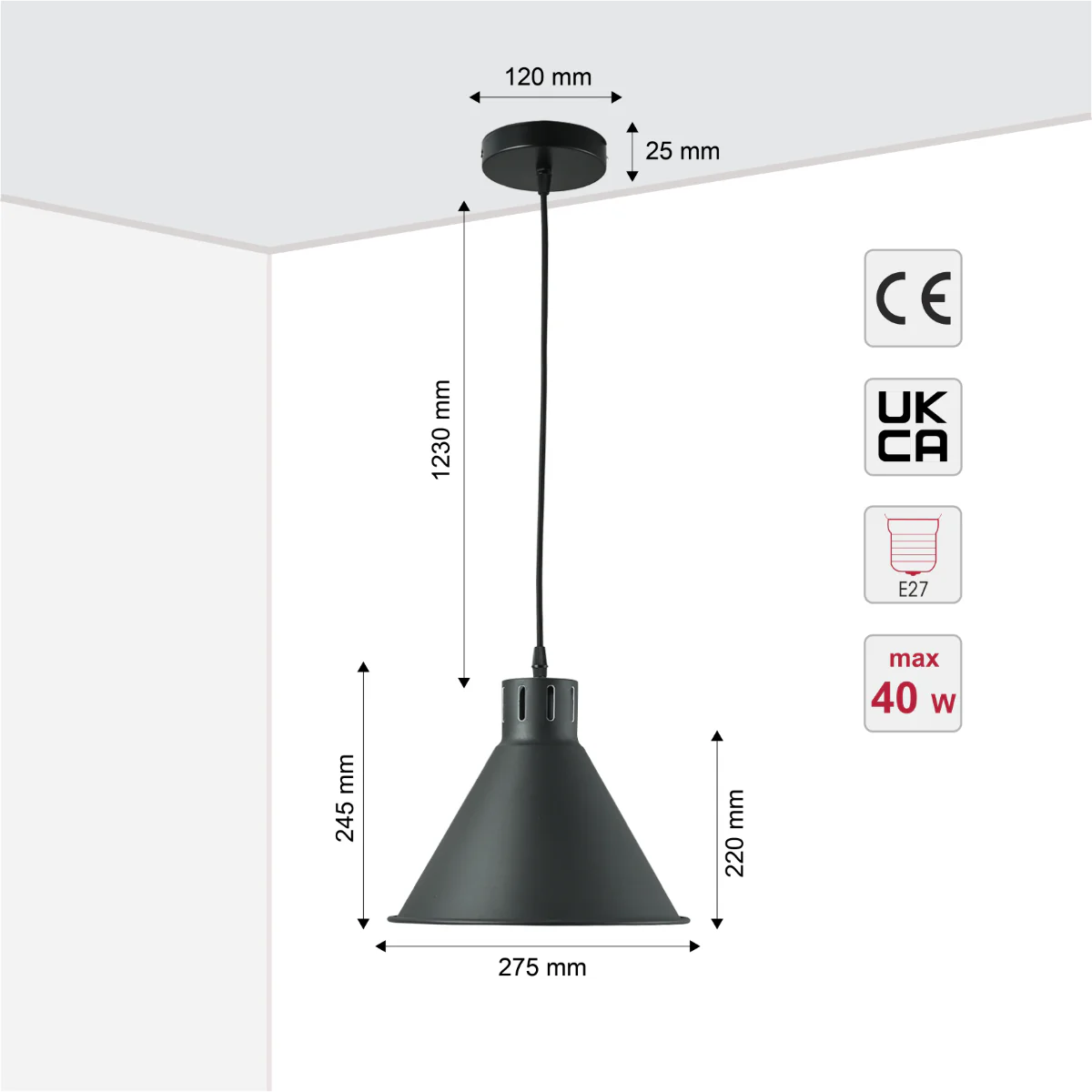 Size and certifications of Sleek Industrial Cone Pendant Light 150-18435