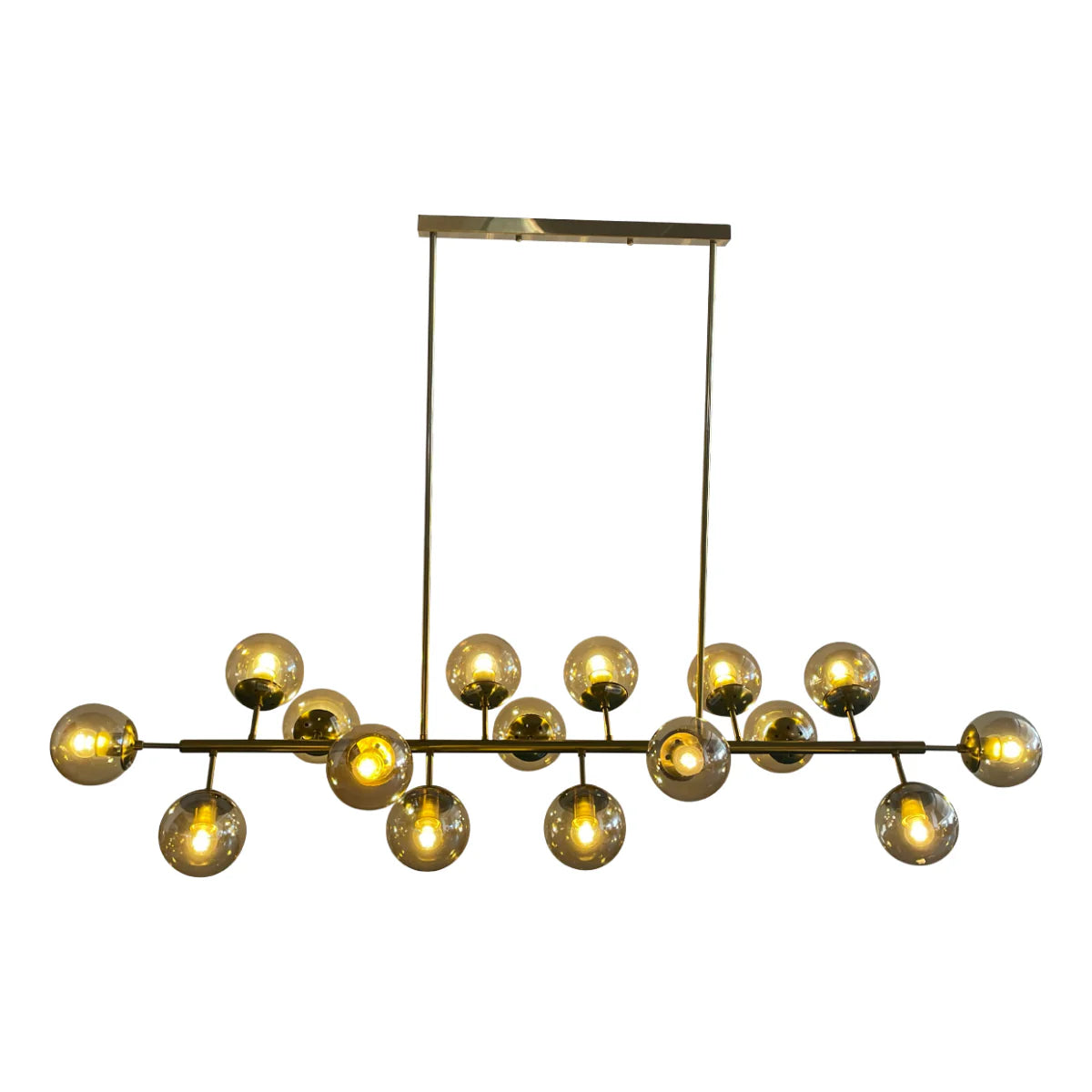 Modern Molecule Style Amber Smoky Opal Glass Globe Gold Black Metal Body Island Chandelier Ceiling Light