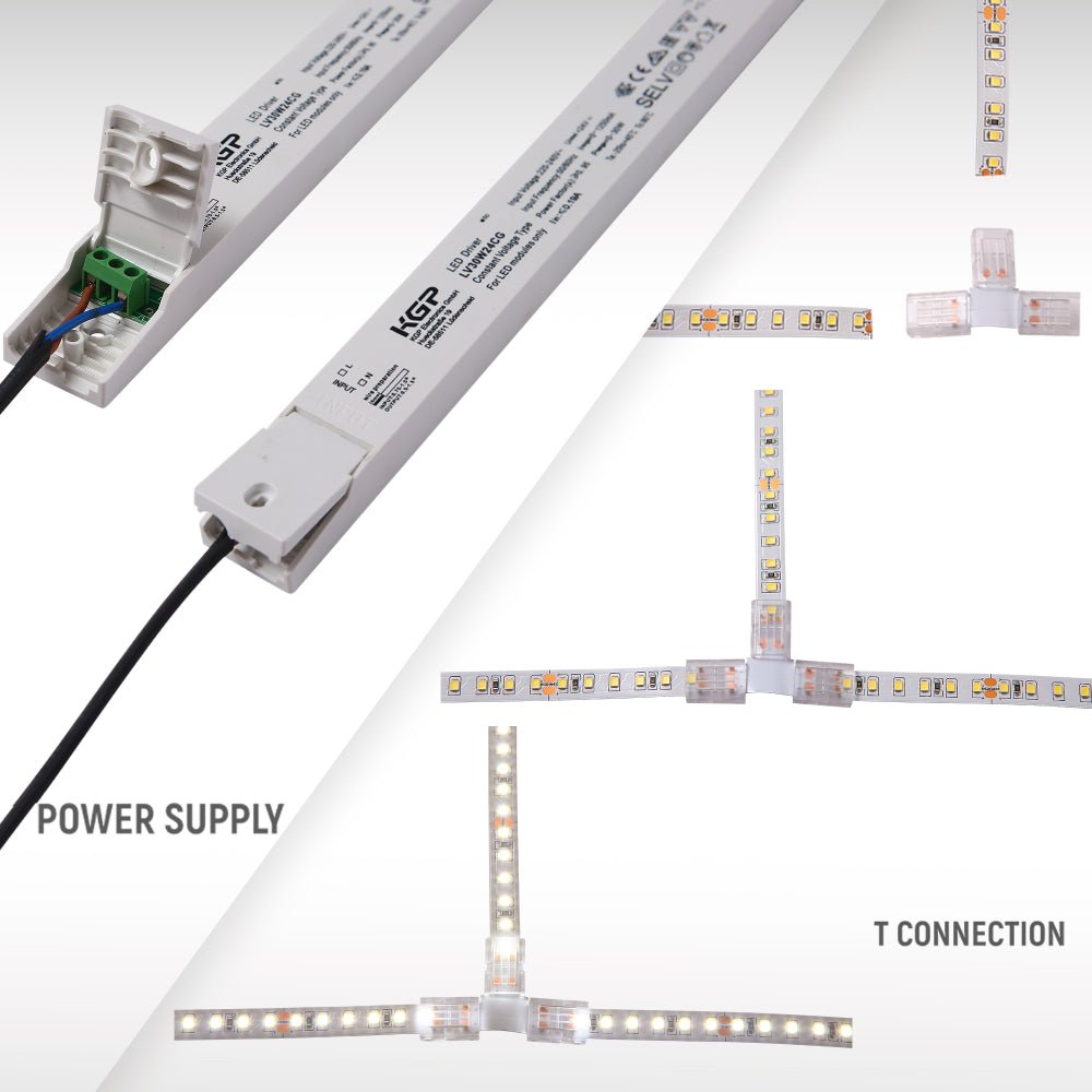 T connection of LED Strip Light 120pcs 2835 LED 5W 1A 24Vdc 10mm 5m IP65 Waterproof 3000K Warm White 4000K Cool White 6500K Cool Daylight | TEKLED 582-032730