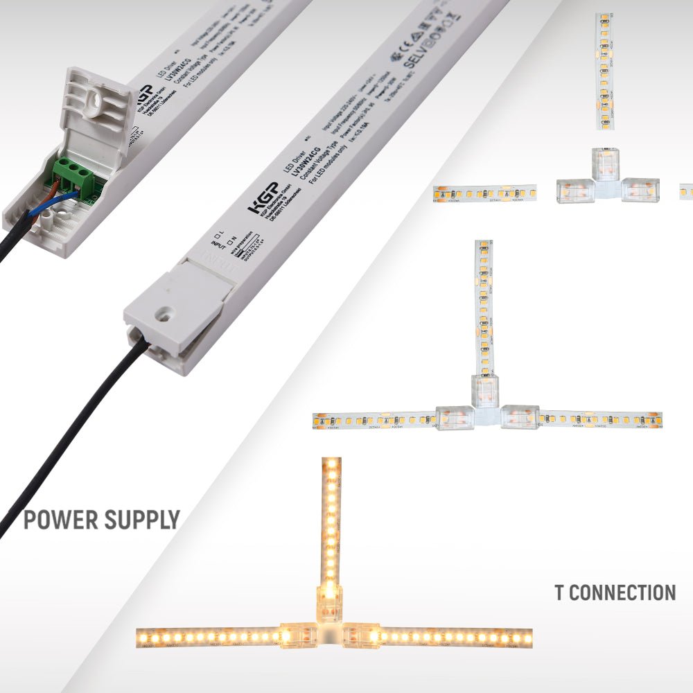 T connection of LED Strip Light 180pcs 2835 LED 10W 2A 24Vdc 10mm 5m IP65 Waterproof 3000K Warm White 4000K Cool White 6500K Cool Daylight | TEKLED 582-032733