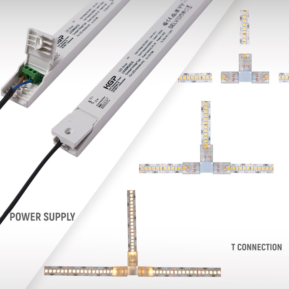 T connection of LED Strip Light 240pcs 2835 LED 15W 3A 24Vdc 10mm 5m IP65 Waterproof 3000K Warm White 4000K Cool White 6500K Cool Daylight | TEKLED 582-032736