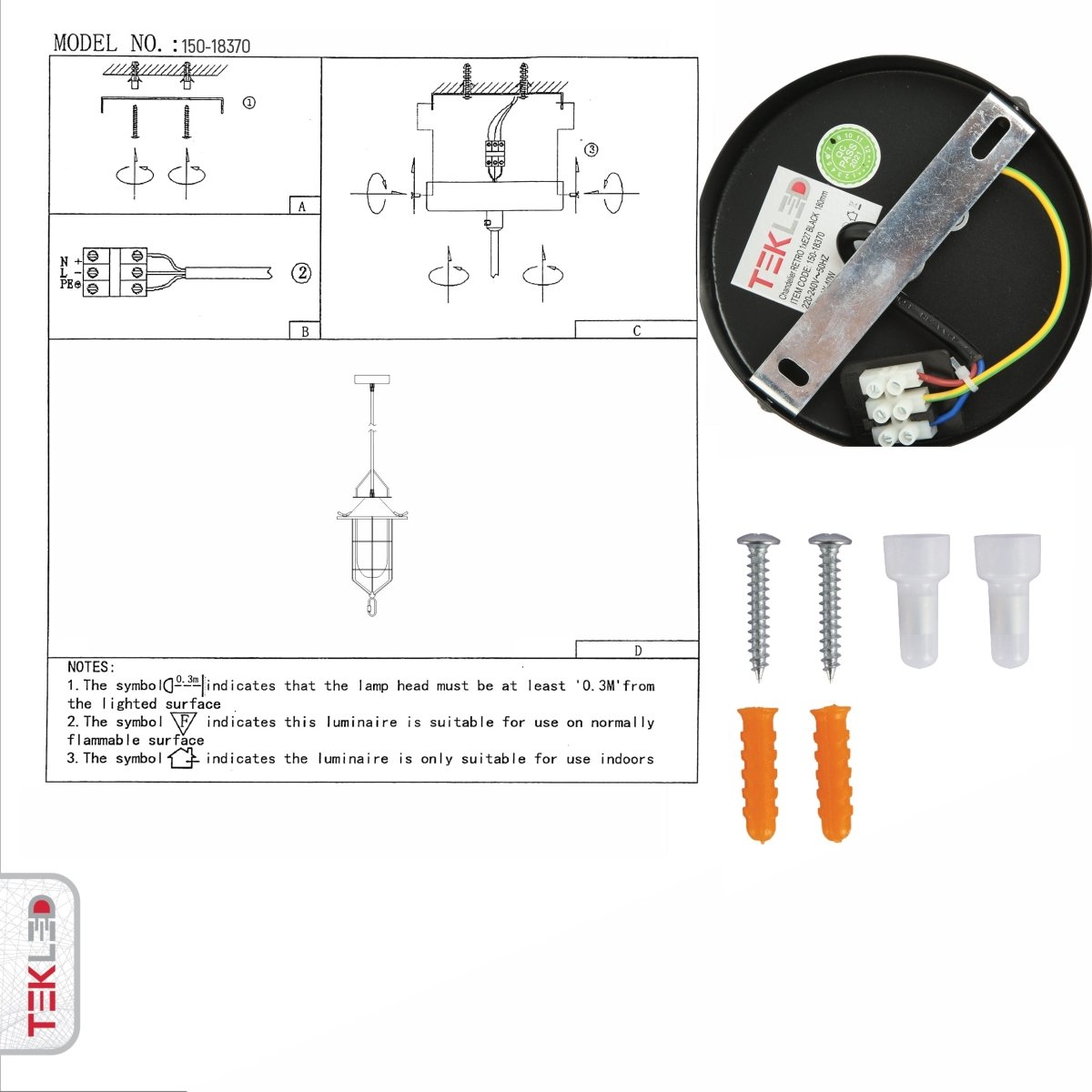User manual for Black Nautical Industrial Caged Flat Shade Small Glass Metal Ceiling Pendant Light with E27 Fitting | TEKLED 150-18370