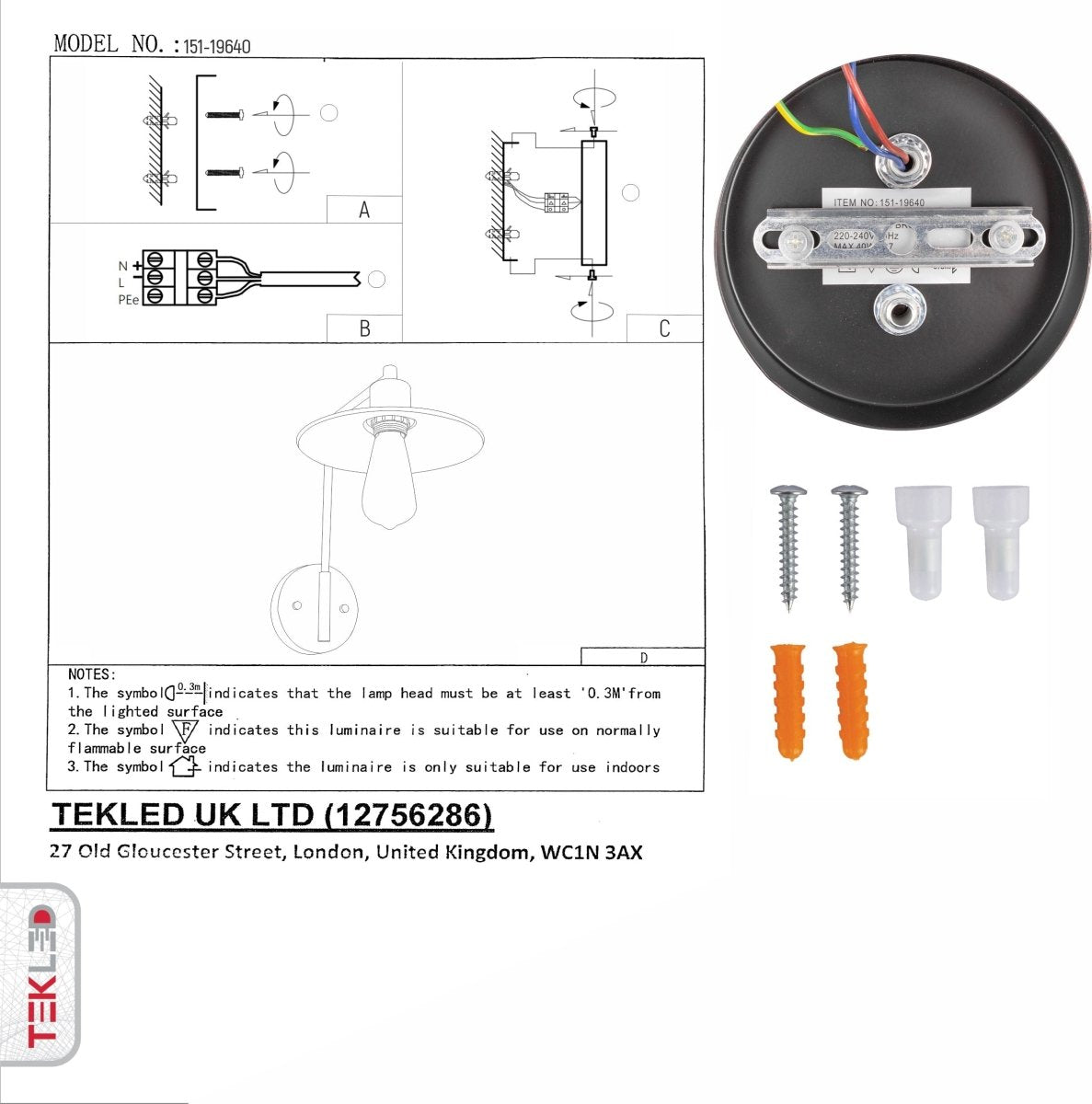 User manual for Red Bronze Metal Flat Wall Light with E27 Fitting | TEKLED 151-19640