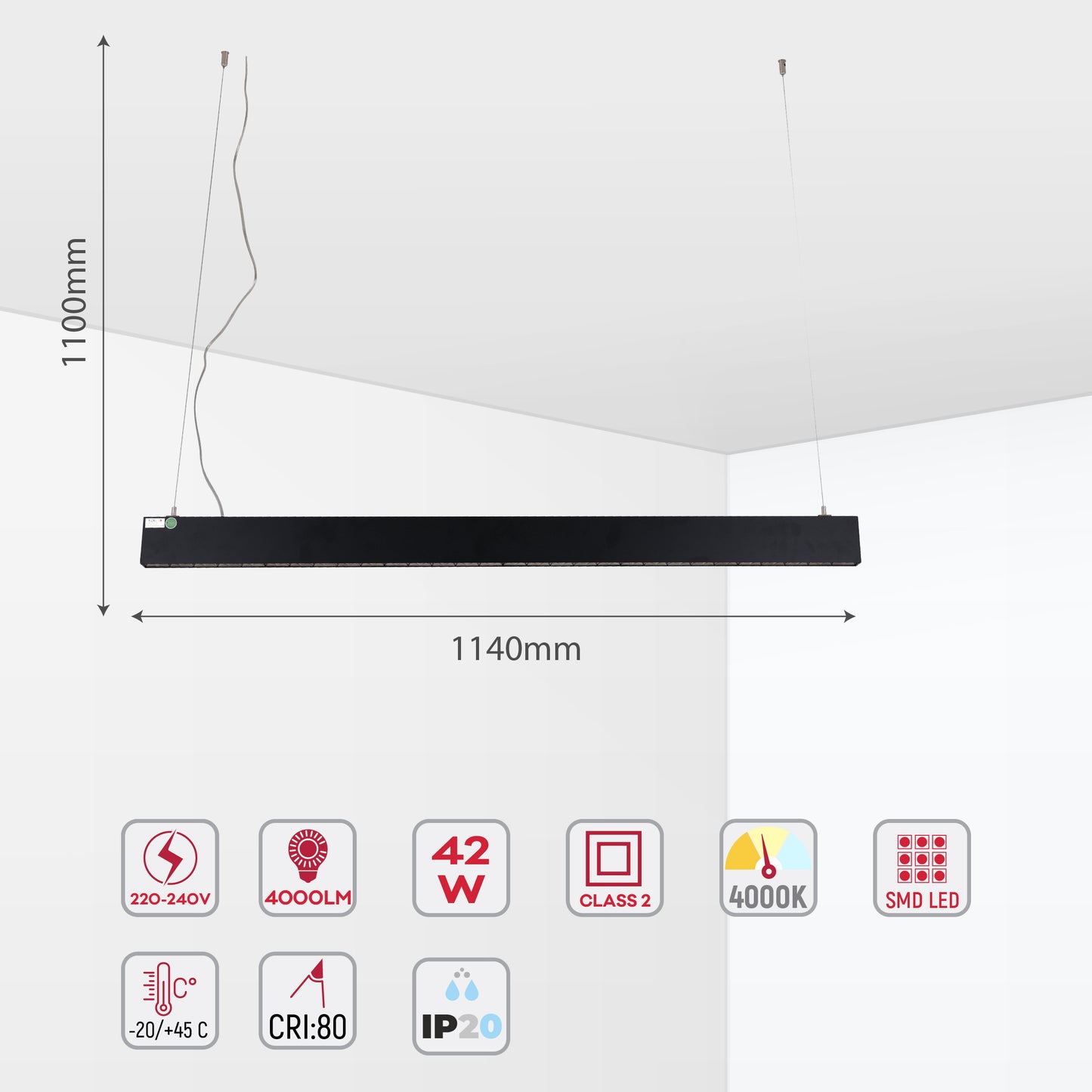 Pendant LED EPSILON 42W 4000K BLACK 114cm(TEK)