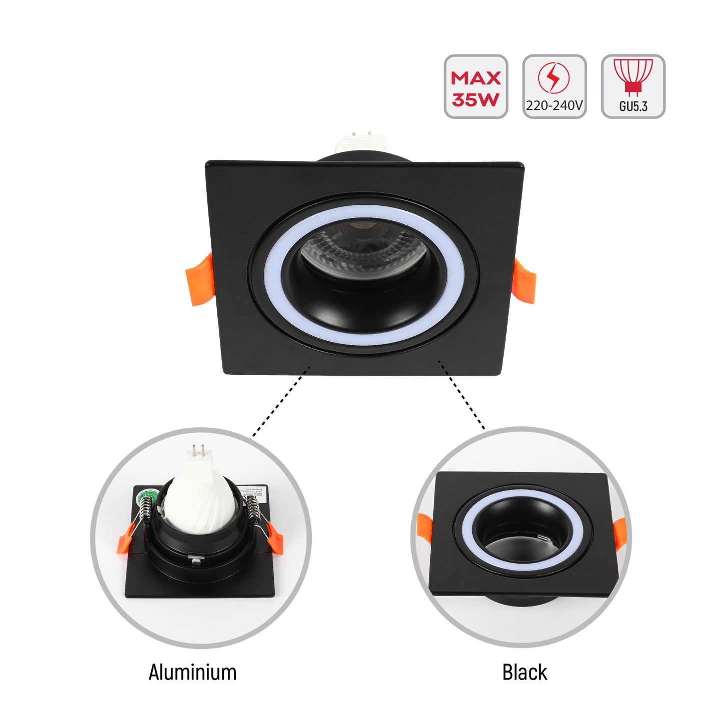 LOW UGR FIXED ALUMINIUM DOWNLIGHT IP20 GU5.3 1 WAY BLACK SQUARE (TEKLED)