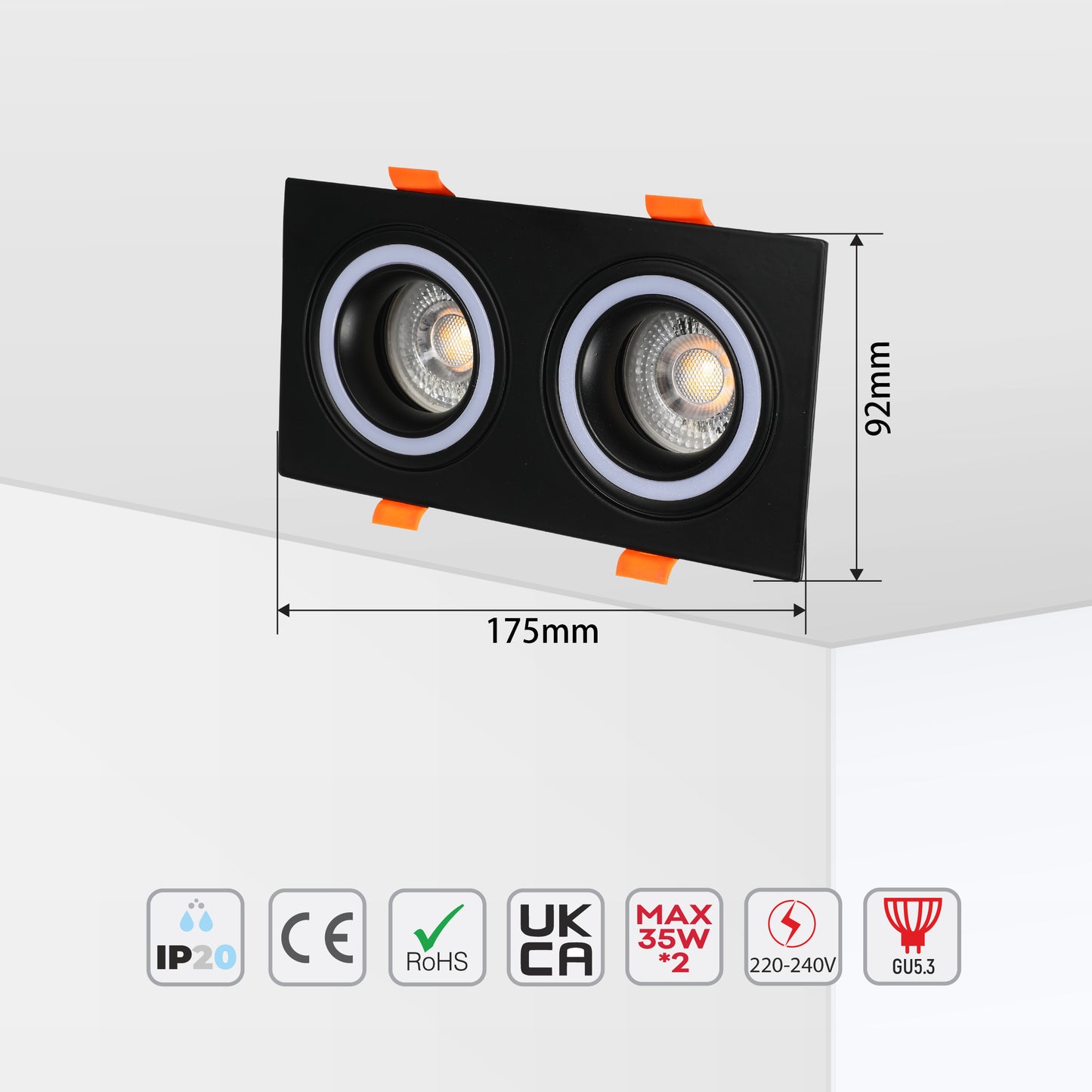 LOW UGR FIXED ALUMINIUM DOWNLIGHT IP20 GU5.3 2 WAY BLACK SQUARE (TEKLED)
