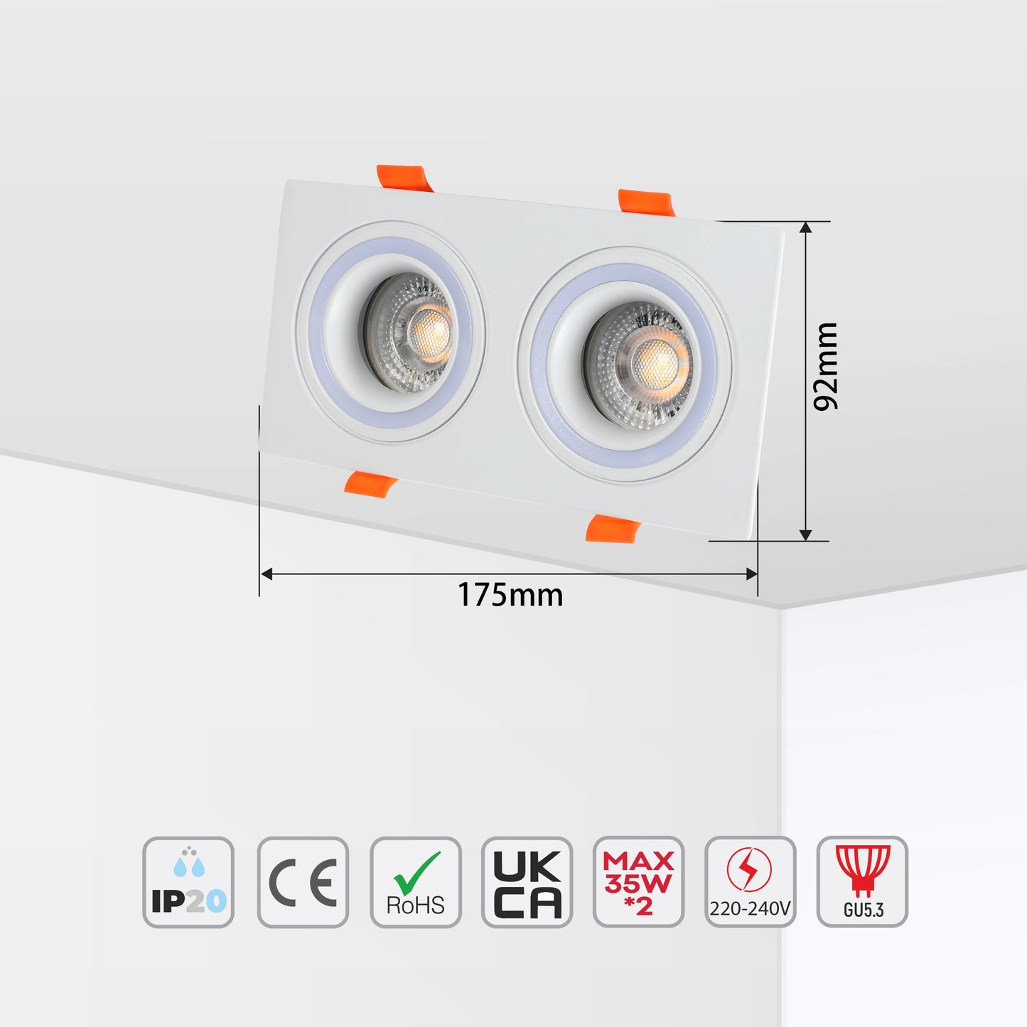 LOW UGR FIXED ALUMINIUM DOWNLIGHT IP20 GU5.3 2 WAY WHITE SQUARE (TEKLED)