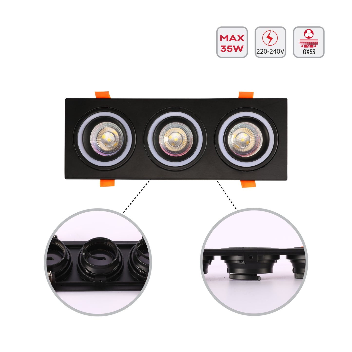 LOW UGR FIXED ALUMINIUM DOWNLIGHT IP20 GU5.3 3 WAY BLACK SQUARE (TEKLED)