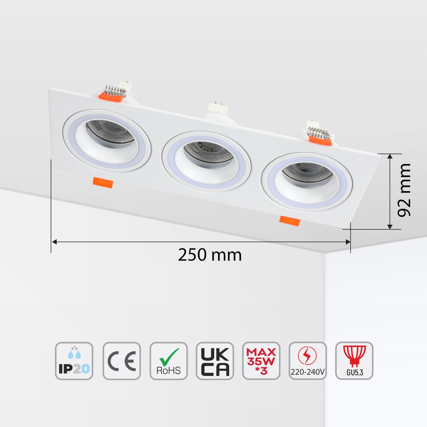 LOW UGR FIXED ALUMINIUM DOWNLIGHT IP20 GU5.3 3 WAY WHITE SQUARE (TEKLED)