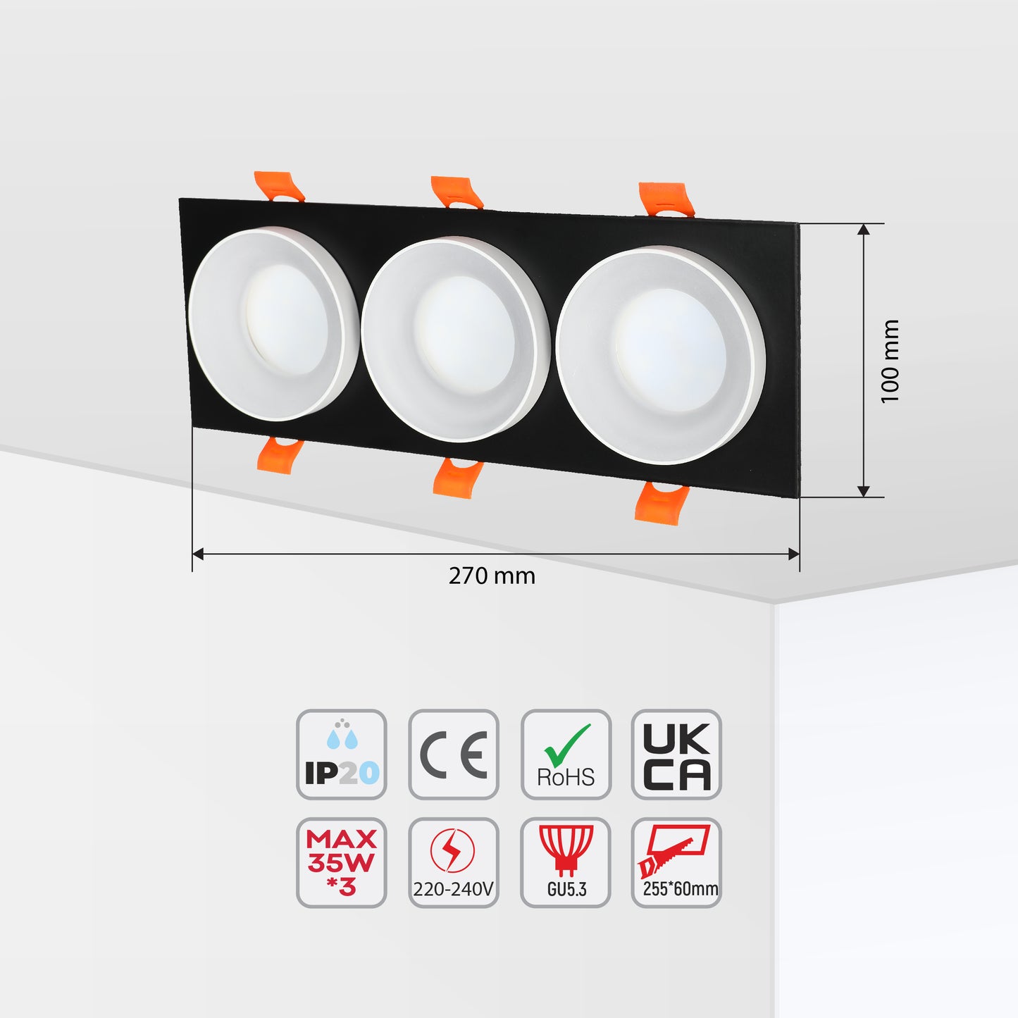 GU5.3 DOWNLIGHT SQUARE BLACK AND WHITE 3 WAY (TEKLED)