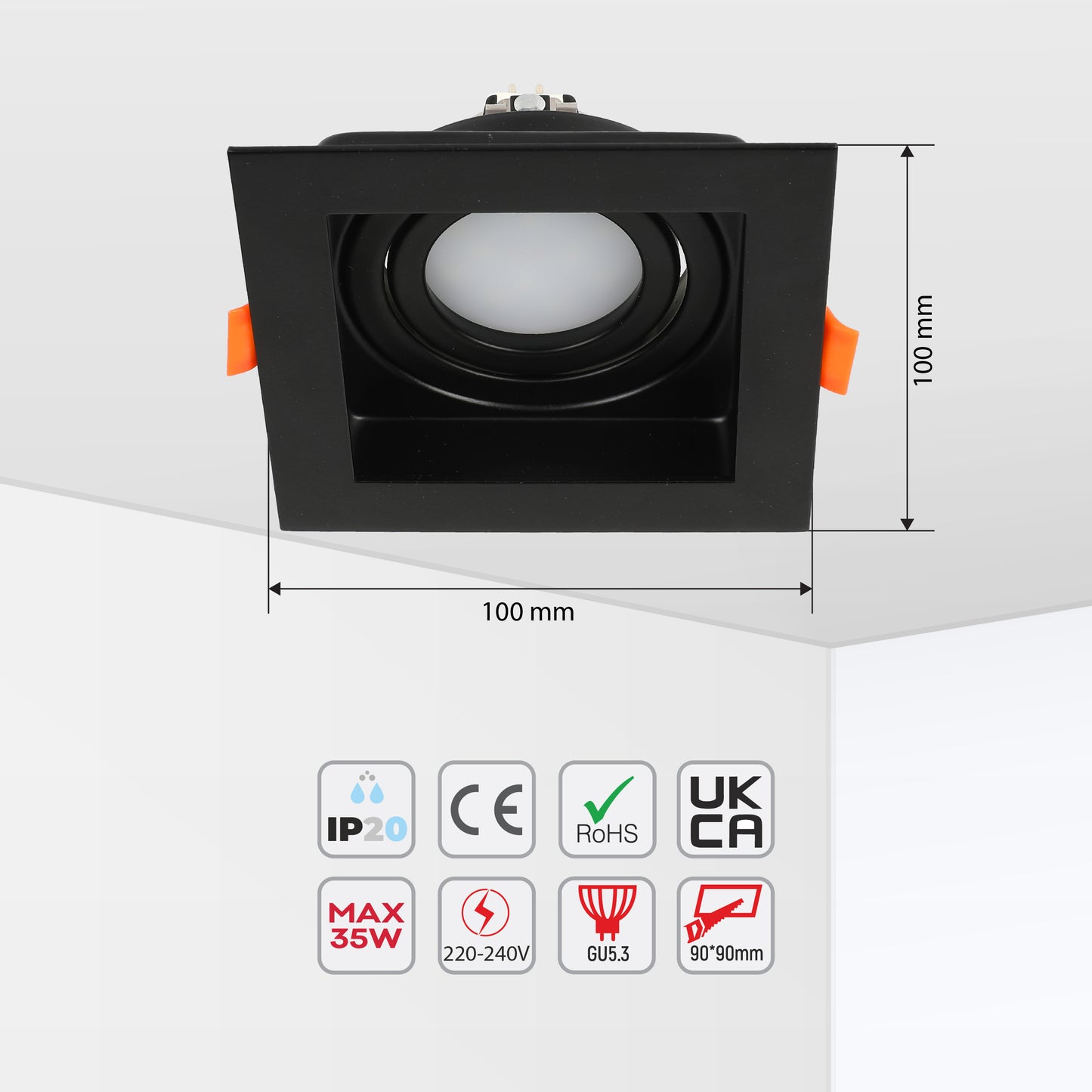 GRILLE RECTANGLE RECESSED TILT DOWNLIGHT GU5.3 BLACK (TEKLED)