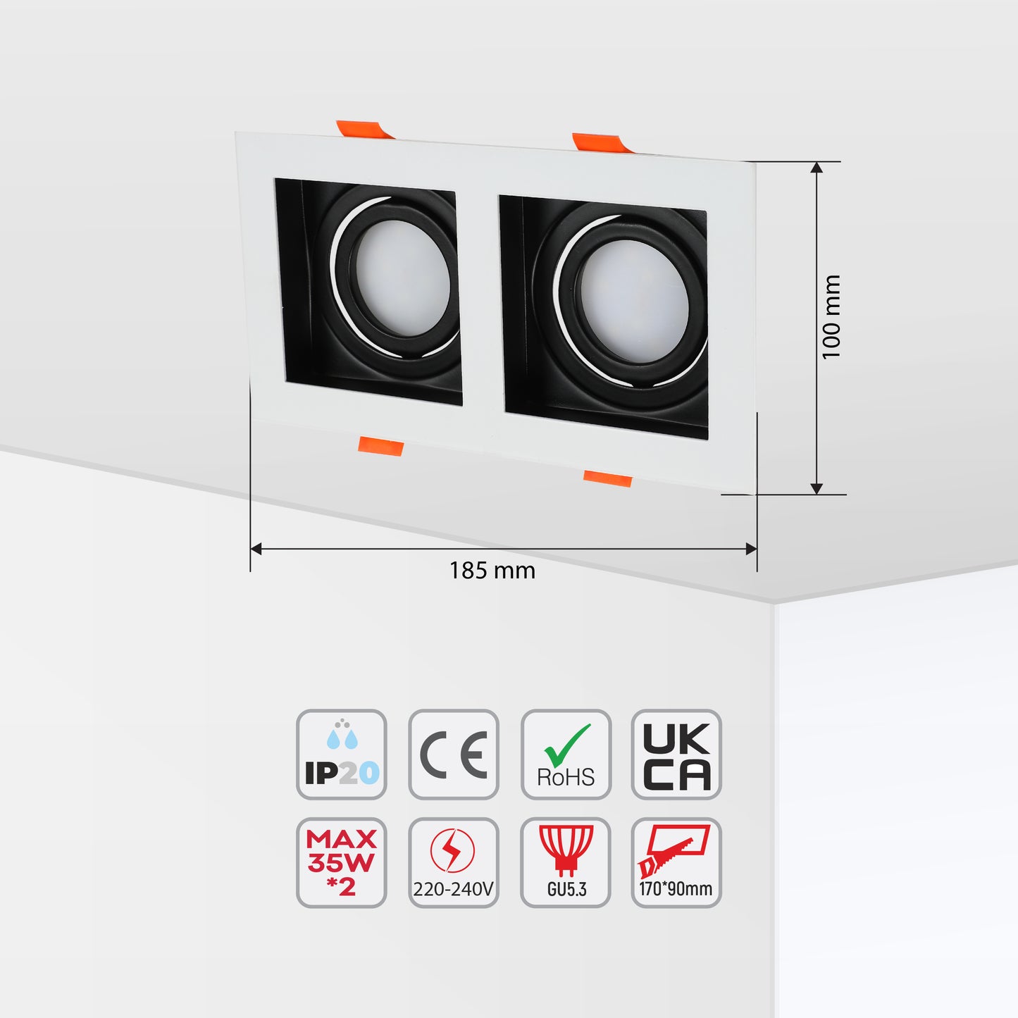GRILLE RECTANGLE RECESSED TILT DOWNLIGHT GU5.3 WHITE AND BLACK 2 WAY (TEKLED)
