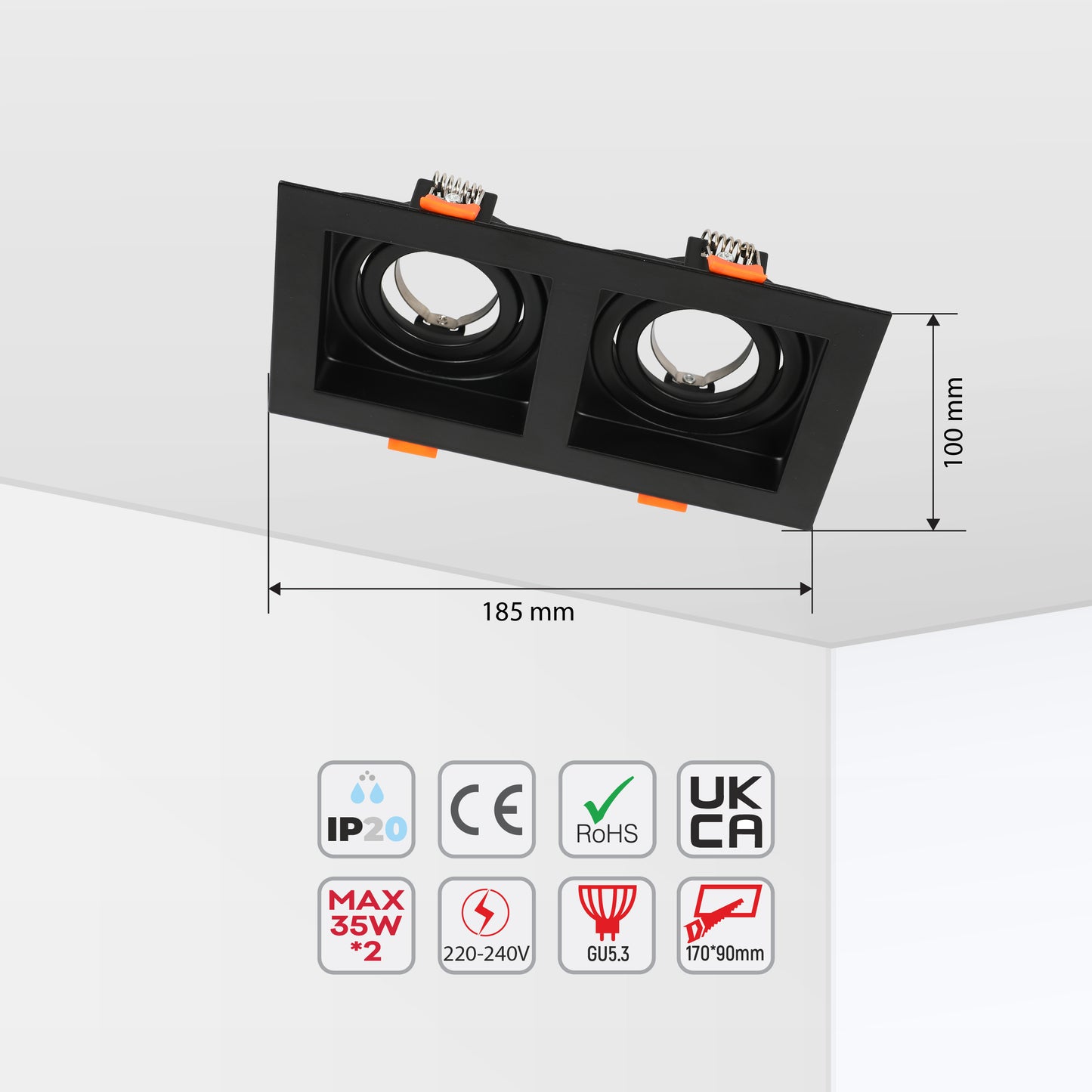 GRILLE RECTANGLE RECESSED TILT DOWNLIGHT GU5.3 BLACK 2 WAY (TEKLED)