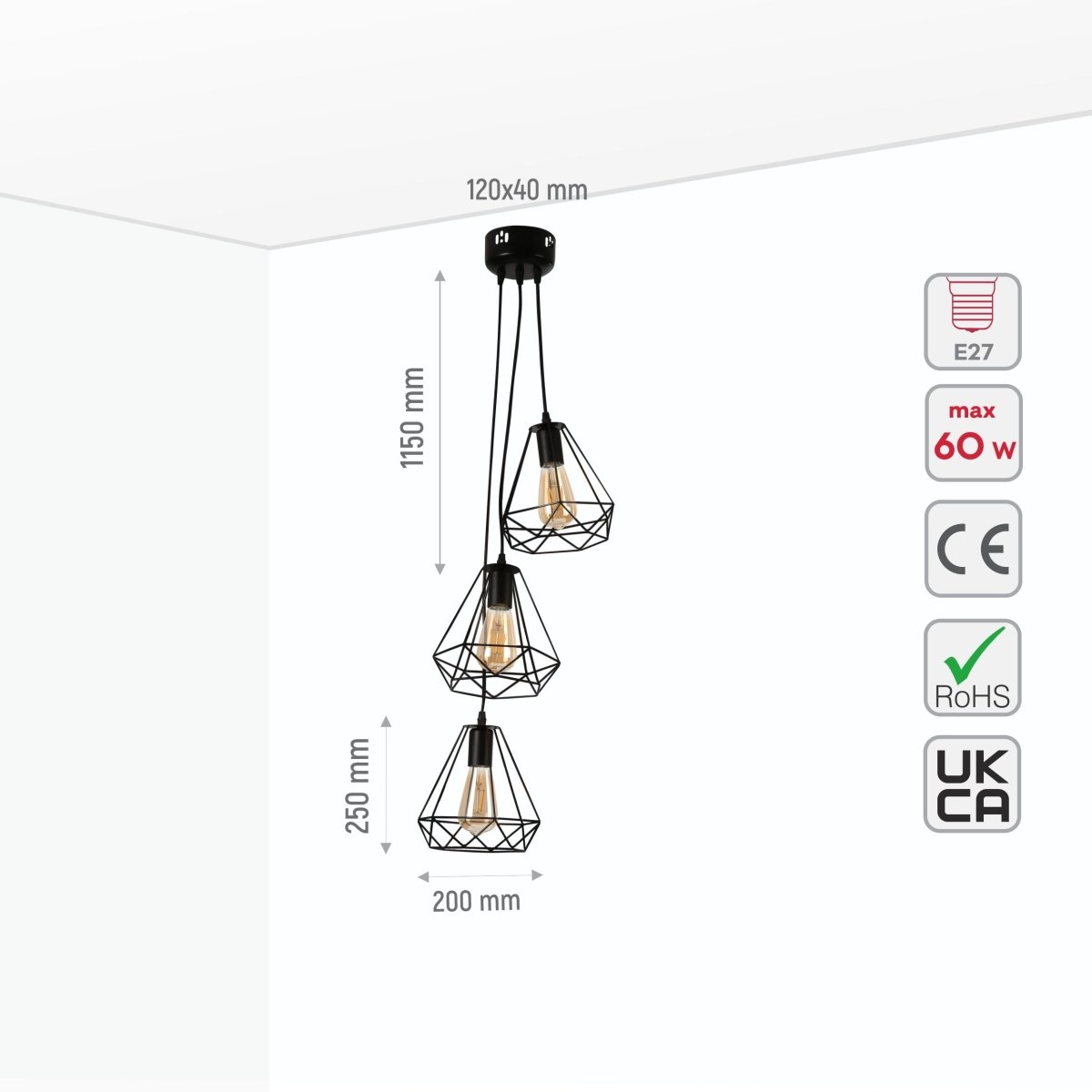 Size and specs of Black Metal Diamond Caged Funnel Single or Triple Pendant Ceiling Light with E27 | TEKLED 150-17380